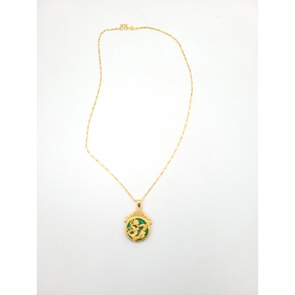 Green Jade Gold Tone Dragon Pendant On 18k Gold Electroplated Chain Necklace - Picture 5 of 10